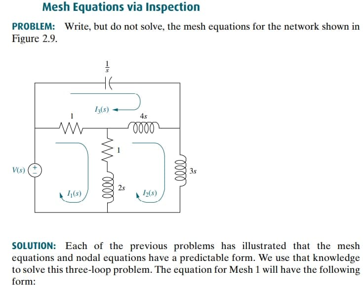 Mesh Equations via Inspection
PROBLEM: Write, but do not solve, the mesh equations for the network shown in
Figure 2.9.
I{(s)
4.s
V(s)
3s
2s
1(s)
2(s)
SOLUTION: Each of the previous problems has illustrated that the mesh
equations and nodal equations have a predictable form. We use that knowledge
to solve this three-loop problem. The equation for Mesh 1 will have the following
form:
