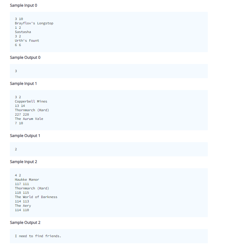 Sample Input 0
3 10
Brayflox's Longstop
1 2
Sastasha
32
Urth's Fount
66
Sample Output 0
3
Sample Input 1
32
Copperbell Mines
13 14
Thornmarch (Hard)
227 228
The Aurum Vale
7 10
Sample Output 1
2
Sample Input 2
42
Haukke Manor
117 111
Thornmarch (Hard)
118 115
The World of Darkness
114 113
The Aery
114 110
Sample Output 2
I need to find friends.