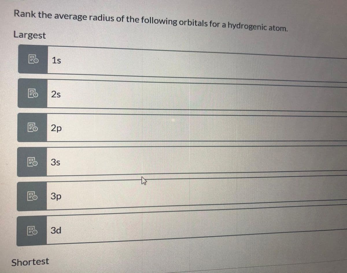 Rank the average radius of the following orbitals for a hydrogenic atom.
Largest
1s
2s
2p
3s
Fo
3p
Fo
3d
Shortest
