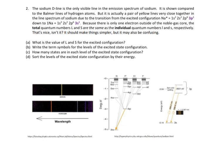 2. The sodium D-line is the only visible line in the emission spectrum of sodium. It is shown compared
to the Balmer lines of hydrogen atoms. But it is actually a pair of yellow lines very close together in
the line spectrum of sodium due to the transition from the excited configuration Na* = 1s 25' 2p 3p
down to 1Na = 1s' 2s 2p 3s'. Because there is only one electron outside of the noble-gas core, the
total quantum numbers Land S are the same as the individual quantum numbers l and s, respectively.
That's nice, isn't it? It should make things simpler, but it may also be confusing.
(a) What is the value of L and S for the excited configuration?
(b) Write the term symbols for the levels of the excited state configuration.
(c) How many states are in each level of the excited state configuration?
(d) Sort the levels of the excited state configuration by their energy.
都三割三部
-5p
4d
1- 6e
0021 ev
3p
-4p
3p
Wavelength
5.14
-Bal as
https:/lataday phyicsatoronto.c/Weartatyintros/soectra/spectra.tem
hetp/yperphysics ply astraedu/hhaafpuantum/odium.em
Energy e
Se
