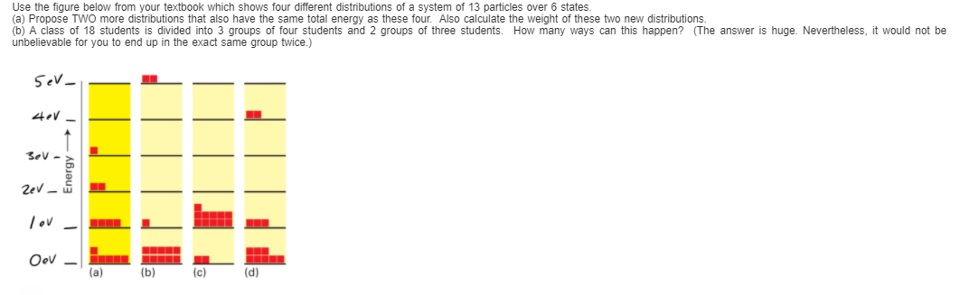 Use the figure below from your textbook which shows four different distributions of a system of 13 particles over 6 states
(a) Propose TWO more distributions that also have the same total energy as these four. Also calculate the weight of these two new distributions.
(b) A class of 18 students is divided into 3 groups of four students and 2 groups of three students. How many ways can this happen? (The answer is huge. Nevertheless, it would not be
unbelievable for you to end up in the exact same group twice.)
Sev_
Bev -
2ev -
Tov
Oov -
(a)
(b)
(c)
(d)
