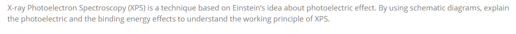 X-ray Photoelectron Spectroscopy (XPS) is a technique based on Einstein's idea about photoelectric effect. By using schematic diagrams, explain
the photoelectric and the binding energy effects to understand the working principle of XPS.

