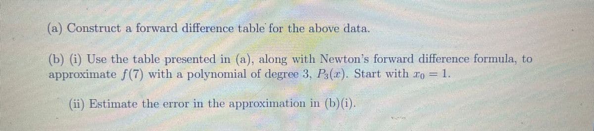 (a) Construct a forward difference table for the above data.
(b) (i) Use the table presented in (a), along with Newton's forward difference formula, to
approximate f(7) with a polynomial of degree 3, P3(r). Start with zo = 1.
(ii) Estimate the error in the approximation in (b) (i).
15
DAARNALIA