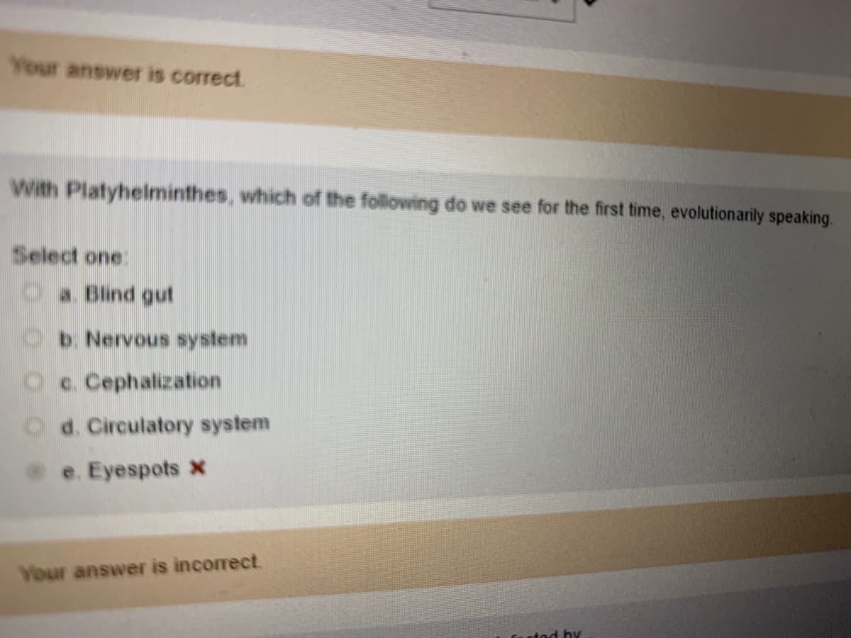 Your answer is correct.
With Platyhelminthes, which of the following do we see for the first time, evolutionarily speaking.
Select one:
O a Blind gut
b. Nervous sysstem
Oc. Cephalization
Od. Circulatory system
e. Eyespots x
Your answer is incorrect.
rtad hy
