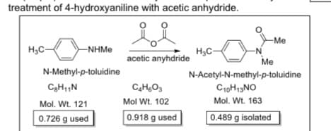 treatment of 4-hydroxyaniline with acetic anhydride.
Me
-Ме
H3C-
-NHMe
H3C-
-N
acetic anyhdride
Ме
N-Methyl-p-toluidine
N-Acetyl-N-methyl-p-toluidine
C10H13NO
Mol. Wt. 121
Mol Wt. 102
Mol. Wt. 163
0.726 g used
0.918 g used
0.489 g isolated
