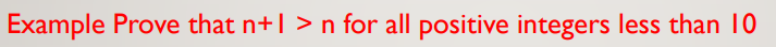 Example Prove that n+1 > n for all positive integers less than 10