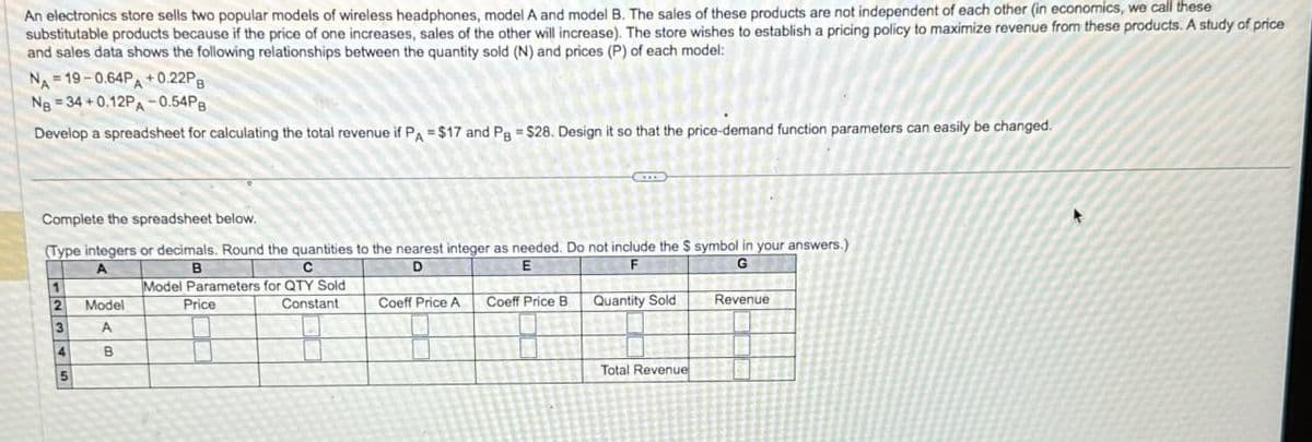 An electronics store sells two popular models of wireless headphones, model A and model B. The sales of these products are not independent of each other (in economics, we call these
substitutable products because if the price of one increases, sales of the other will increase). The store wishes to establish a pricing policy to maximize revenue from these products. A study of price
and sales data shows the following relationships between the quantity sold (N) and prices (P) of each model:
=
NA 19-0.64PA+0.22PB
NB=34+0.12PA-0.54PB
Develop a spreadsheet for calculating the total revenue if PA = $17 and PB = $28. Design it so that the price-demand function parameters can easily be changed.
Complete the spreadsheet below.
(Type integers or decimals. Round the quantities to the nearest integer as needed. Do not include the $ symbol in your answers.)
A
2
Model
3
A
4
B
5
B
Price
с
Model Parameters for QTY Sold
Constant
D
E
F
G
Coeff Price A
Coeff Price B
Quantity Sold
Revenue
Total Revenue