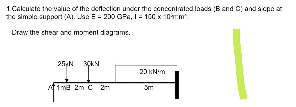 1.Calculate the value of the deflection under the concentrated loads (B and C) and slope at
the simple support (A). Use E = 200 GPa, I = 150 x 106mm4.
Draw the shear and moment diagrams.
25kN 30KN
20 kN/m
1mB 2m C 2m
5m