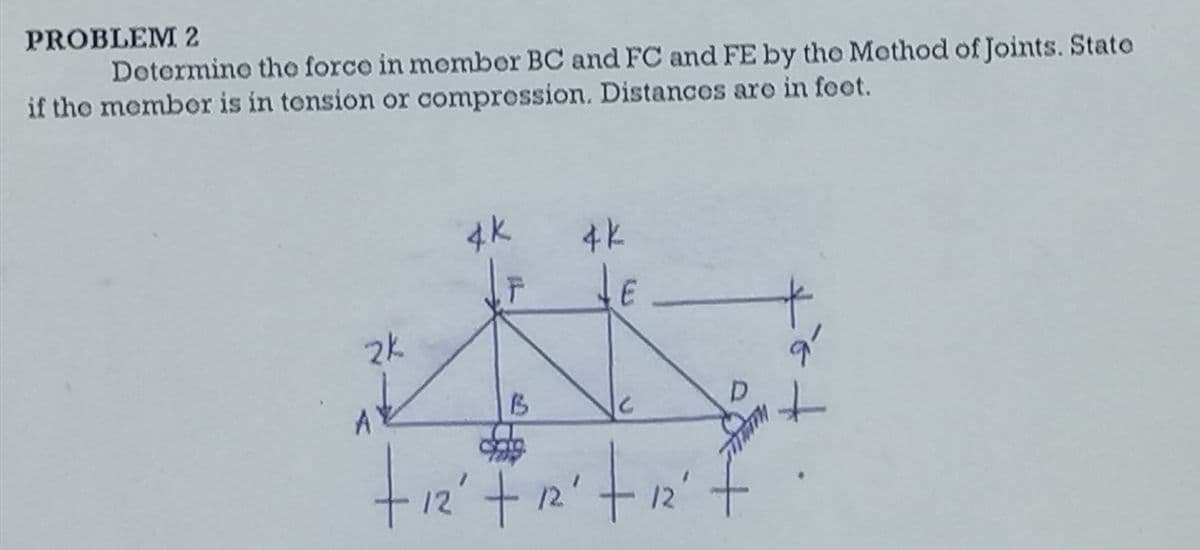 PROBLEM 2
Determine the force in member BC and FC and FE by the Mothod of Joints. State
if the member is in tension or compression. Distances are in feet.
2k
4k
F
B
4k
+ 12' + 12'
↓E
C
+ız