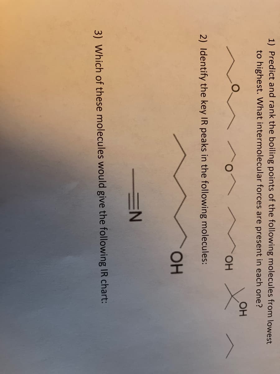 1) Predict and rank the boiling points of the following molecules from lowest
to highest. What intermolecular forces are present in each one?
OH
HO.
2) Identify the key IR peaks in the following molecules:
OH
EN
3) Which of these molecules would give the following IR chart:
