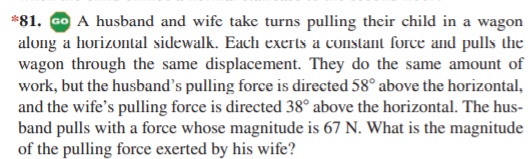 *81. Go A husband and wife take turns pulling their child in a wagon
along a horizontal sidewalk. Each exerts a constant force and pulls the
wagon through the same displacement. They do the same amount of
work, but the husband's pulling force is directed 58° above the horizontal,
and the wife's pulling force is directed 38° above the horizontal. The hus-
band pulls with a force whose magnitude is 67 N. What is the magnitude
of the pulling force exerted by his wife?
