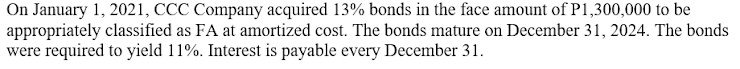 On January 1, 2021, CCC Company acquired 13% bonds in the face amount of P1,300,000 to be
appropriately classified as FA at amortized cost. The bonds mature on December 31, 2024. The bonds
were required to yield 11%. Interest is payable every December 31.
