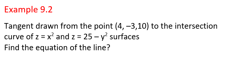 Example 9.2
Tangent drawn from the point (4, –3,10) to the intersection
curve of z = x² and z = 25 – y? surfaces
Find the equation of the line?
