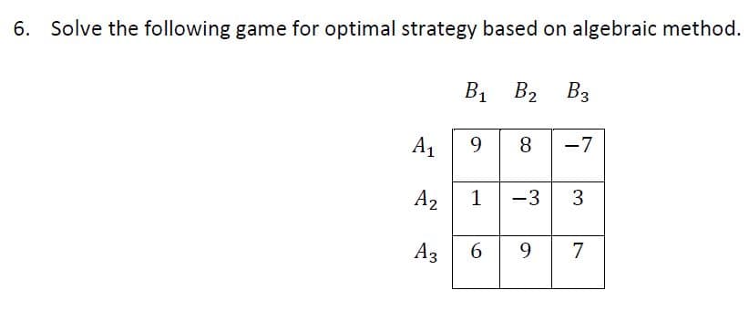 6. Solve the following game for optimal strategy based on algebraic method.
B1
B2 B3
A1
9
8
-7
A2
1
-3
Аз
6.
9
7
3.
