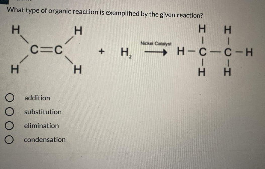 What type of organic reaction is exemplified by the given reaction?
H.
H H
Nickal Catalyst
C C
H, H-C C-H
H.
H.
H H
O addition
O substitution.
elimination
O condensation
+
