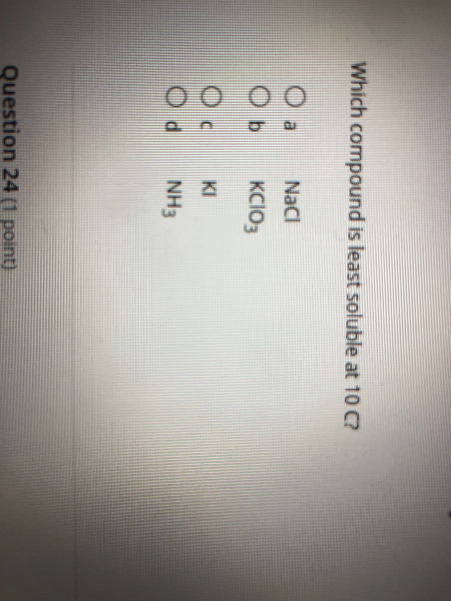 Which compound is least soluble at 10 C?
NaCl
O b
KCIO3
KI
NH3
Question 24 (1 point)
