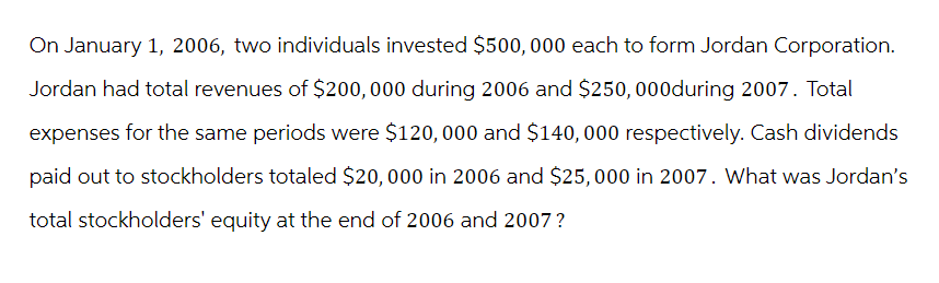 On January 1, 2006, two individuals invested $500,000 each to form Jordan Corporation.
Jordan had total revenues of $200,000 during 2006 and $250,000during 2007. Total
expenses for the same periods were $120,000 and $140,000 respectively. Cash dividends
paid out to stockholders totaled $20,000 in 2006 and $25,000 in 2007. What was Jordan's
total stockholders' equity at the end of 2006 and 2007 ?