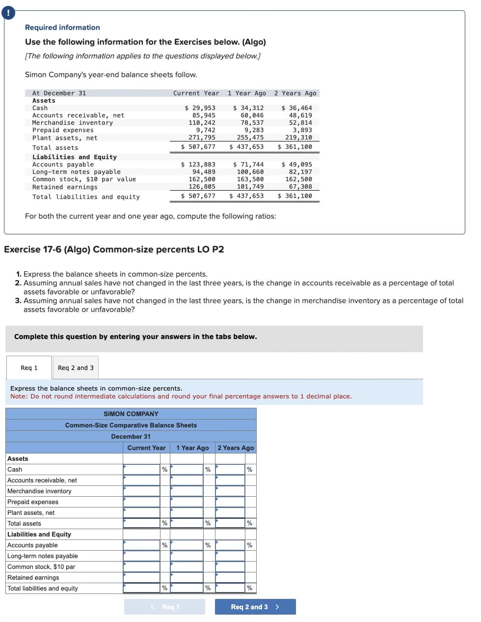 !
Required information
Use the following information for the Exercises below. (Algo)
[The following information applies to the questions displayed below.]
Simon Company's year-end balance sheets follow.
At December 31
Assets
Current Year
1 Year Ago 2 Years Ago
Cash
$ 29,953
Accounts receivable, net
Merchandise inventory
Prepaid expenses
Plant assets, net
Total assets
Liabilities and Equity
85,945
110,242
9,742
271,795
$ 507,677
Accounts payable
$ 123,883
Long-term notes payable
Common stock, $10 par value
Retained earnings
Total liabilities and equity
94,489
162,500
126,805
$ 34,312
60,046
78,537
9,283
255,475
$ 437,653
$ 71,744
100,660
163,500
101,749
$ 507,677
$ 437,653
For both the current year and one year ago, compute the following ratios:
$ 36,464
48,619
52,814
3,893
219,310
$ 361,100
$ 49,095
82,197
162,500
67,308
$ 361,100
Exercise 17-6 (Algo) Common-size percents LO P2
1. Express the balance sheets in common-size percents.
2. Assuming annual sales have not changed in the last three years, is the change in accounts receivable as a percentage of total
assets favorable or unfavorable?
3. Assuming annual sales have not changed in the last three years, is the change in merchandise inventory as a percentage of total
assets favorable or unfavorable?
Complete this question by entering your answers in the tabs below.
Req 1
Req 2 and 3
Express the balance sheets in common-size percents.
Note: Do not round intermediate calculations and round your final percentage answers to 1 decimal place.
SIMON COMPANY
Common-Size Comparative Balance Sheets
December 31
Current Year 1 Year Ago 2 Years Ago
Assets
Cash
Accounts receivable, net
Merchandise inventory
%
%
%
Prepaid expenses
Plant assets, net
Total assets
%
%
%
Liabilities and Equity
Accounts payable
%
%
%
Long-term notes payable
Common stock, $10 par
Retained earnings
Total liabilities and equity
%
%
< Req 1
Req 2 and 3 >