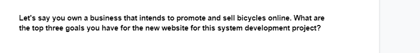 Let's say you own a business that intends to promote and sell bicycles online. What are
the top three goals you have for the new website for this system development project?