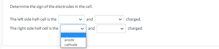 Determine the sign of the electrodes in the cell.
The left side half-cell is the
v and
charged.
The right side half cell is the
and
charged.
anode
cathode
