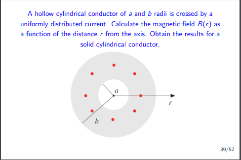 A hollow cylindrical conductor of a and b radii is crossed by a
uniformly distributed current. Calculate the magnetic field B(r) as
a function of the distance r from the axis. Obtain the results for a
solid cylindrical conductor.
39/52