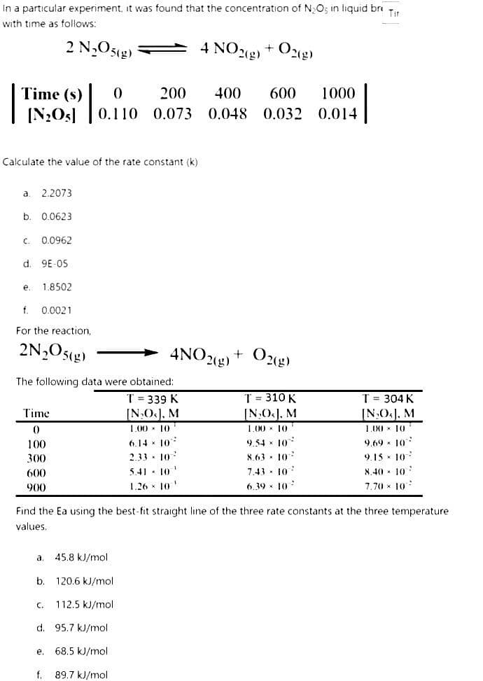 Tir
In a particular experiment, it was found that the concentration of N₂O5 in liquid bre
with time as follows:
2 N₂O5(g)
4 NO2(g) + O2(g)
1
[N₂05] 0.110
Time (s)
a 2.2073
Calculate the value of the rate constant (k)
b. 0.0623
C.
0.0962
d 9E-05
e. 1.8502
f. 0.0021
For the reaction,
2N₂O5(g)
Time
0
100
300
600
900
The following data were obtained:
T = 339 K
[N₂O), M
a. 45.8 kJ/mol
0
b. 120.6 kJ/mol
C.
112.5 kJ/mol
d. 95.7 kJ/mol
e. 68.5 kJ/mol
200 400 600
1000
0.073 0.048 0.032 0.014
f.
89.7 kJ/mol
4NO2(g)
1.00 × 10
6.14 10
2.33 107
5.41- 10¹
1.26 × 10
+
Find the Ea using the best-fit straight line of the three rate constants at the three temperature
values.
O2(g)
T = 310 K
[N₂O.]. M
1.00 × 10
9.54 × 10
8.63
10²
7.43 10
6.39 × 10
T = 304 K
[N₂O₁]. M
1.00 × 10
9.69 × 10
9.15 10
8.40 - 10
7,70 10-