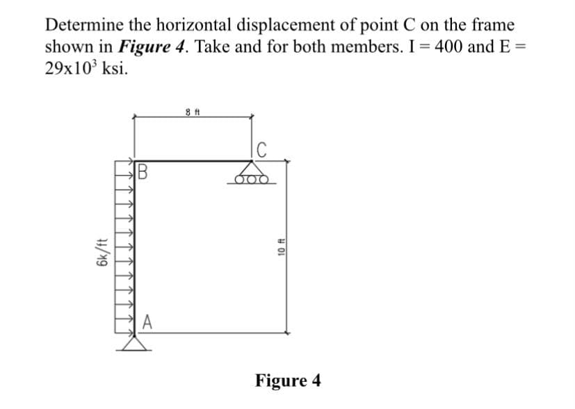 Determine the horizontal displacement of point C on the frame
shown in Figure 4. Take and for both members. I = 400 and E =
29x10³ ksi.
6k/ft
Im
A
8 ft
C
bod
10 ft
Figure 4