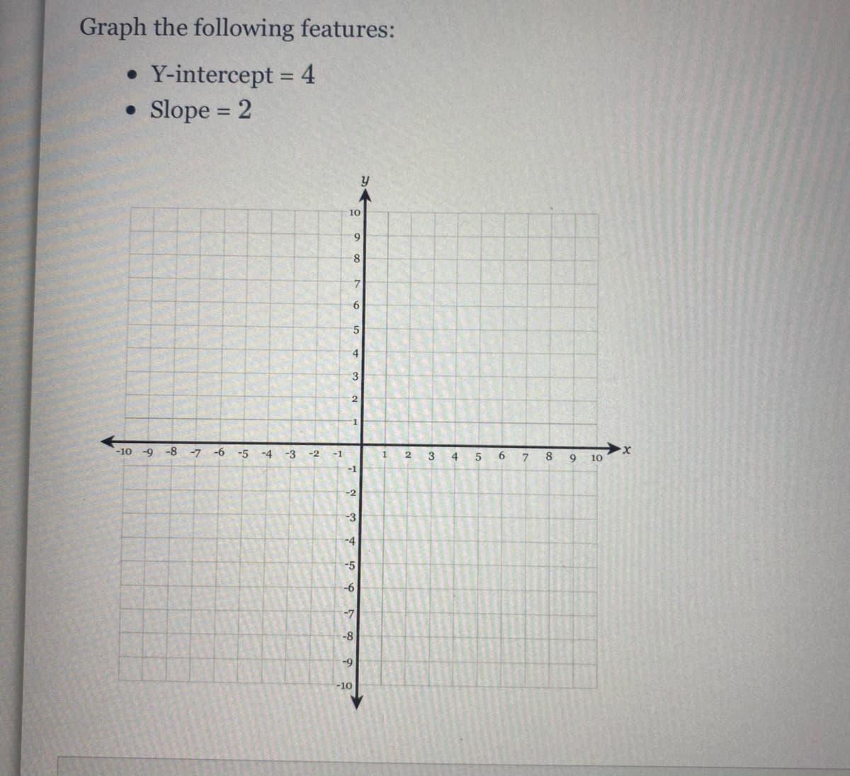 Graph the following features:
• Y-intercept = 4
• Slope = 2
%3D
%3D
10
6.
8.
7.
4.
3
-10 -9
-8
-7
-6
-5
-4 -3
-2
-1
2.
8
9
10
-1
-2
-3
-4
-5
-96
-7
-8
-9
-10
