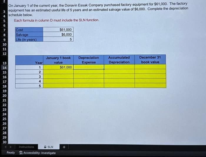 On January 1 of the current year, the Donavin Essak Company purchased factory equipment for $61,000. The factory
3 equipment has an estimated useful life of 5 years and an estimated salvage value of $6,000. Complete the depreciation
4 schedule below.
456789
10
11
12
13
14
15
16
17
18
19
20
21
22
23
24
25
26
27
28
29
30
Each formula in column D must include the SLN function.
Cost
Salvage
Life (in years)
Year
1
2
3
Instructions
4
5
SLN
Ready Accessibility: Investigate
$61,000
$6,000
5
January 1 book
value
$61,000
Depreciation
Expense
Accumulated
Depreciation
December 31
book value