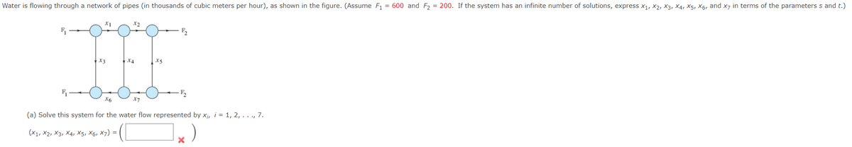 Water is flowing through a network of pipes (in thousands of cubic meters per hour), as shown in the figure. (Assume F₁ = 600 and F₂ = 200. If the system has an infinite number of solutions, express X₁, X₂, X3, X4, X5, X65, and x7 in terms of the parameters s and t.)
F₁
HE
+x4
R
P₂
(a) Solve this system for the water flow represented by x₁, i = 1, 2,..., 7.
(X1, X2, X3, X4, X5, X6, X7) =