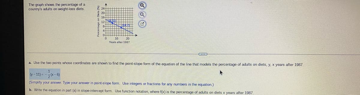 The graph shows the percentage of a
country's adults on weight-loss diets.
8 24
20
16
8-
10
Years after 1987
a. Use the two points whose coordinates are shown to find the point-slope form of the equation of the line that models the percentage of adults on diets, y, x years after 1987.
y- 11) = -x
5(x-6)
(Simplify your answer. Type your answer in point-slope form. Use integers or fractions for any numbers in the equation.)
b. Write the equation in part (a) in slope-intercept form. Use function notation, where f(x) is the percentage of adults on diets x years after 1987.
