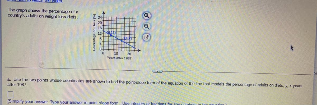 Video.
The graph shows the percentage of a
country's adults on weight-loss diets.
E 24-
20-
16-
12
8-
4-
0-
10
20
Years after 1987
or
a. Use the two points whose coordinates are shown to find the point-slope form of the equation of the line that models the percentage of adults on diets, y, x years
after 1987.
(Simplify your answer. Type your answer in point-slope form. Use integers or fractions for any umhers in tho
Percentage on Diets (%)
