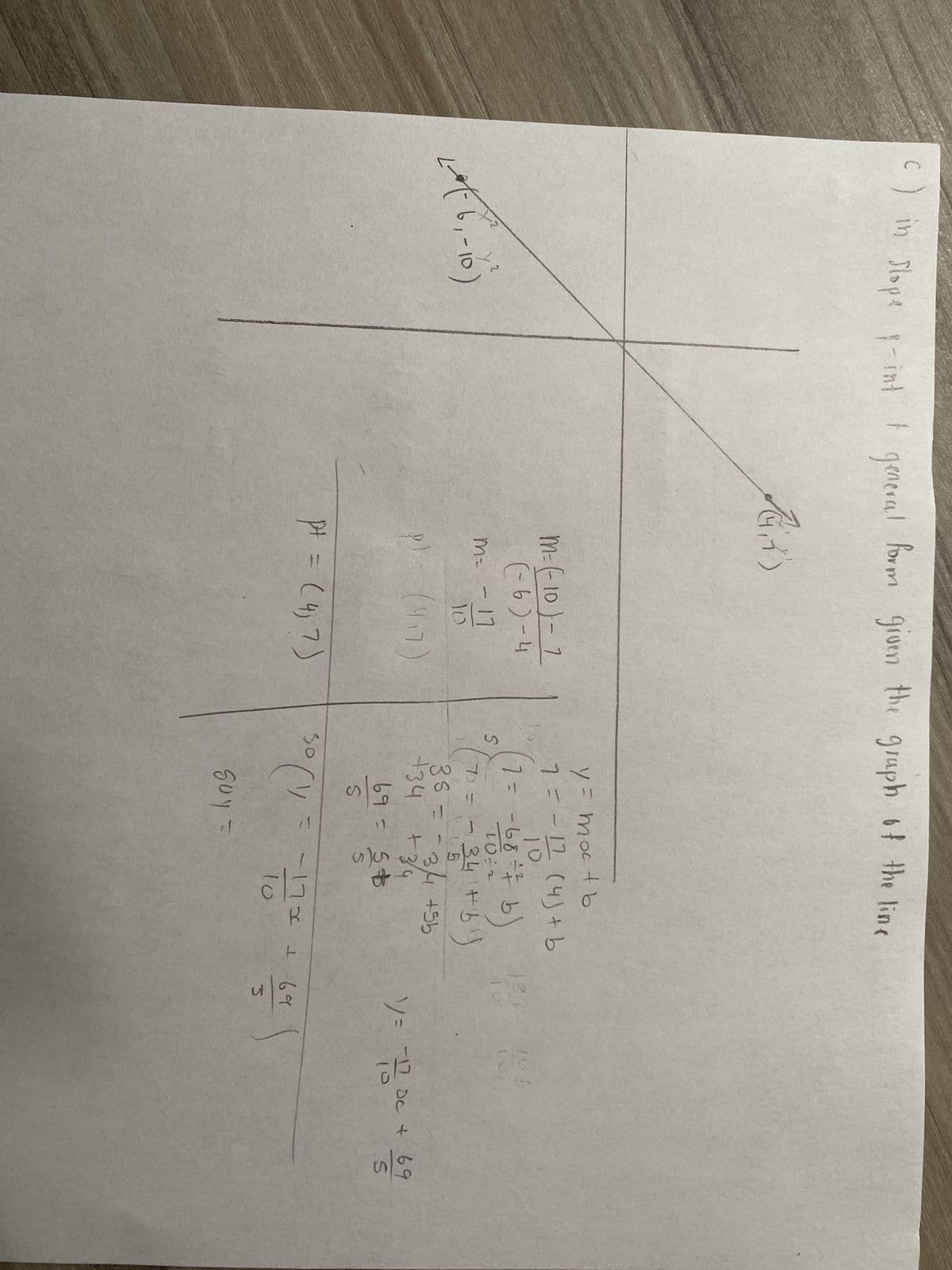 c) in Slope x-int + general form given the graph of the line
1
忍们
4*(-6₁-16)
m=(-10) - 1
(-6)-4
M = - 17
10
p) = (4.7)
pt = (4) 7)
S
y = moc + b
17
-7 = = 1/2 (4) + b
2
7 = -68 = 7 b
+ b )
102
65
7) = - 34¹ + b )
35=-34 +5b
+34 +3/4
69 = 5$
S
S
So
°(1
טן
1 = -17x +
10
soy
=
133/29
16
69
104
T
1/ = 7/7/DC + 69
n
ท