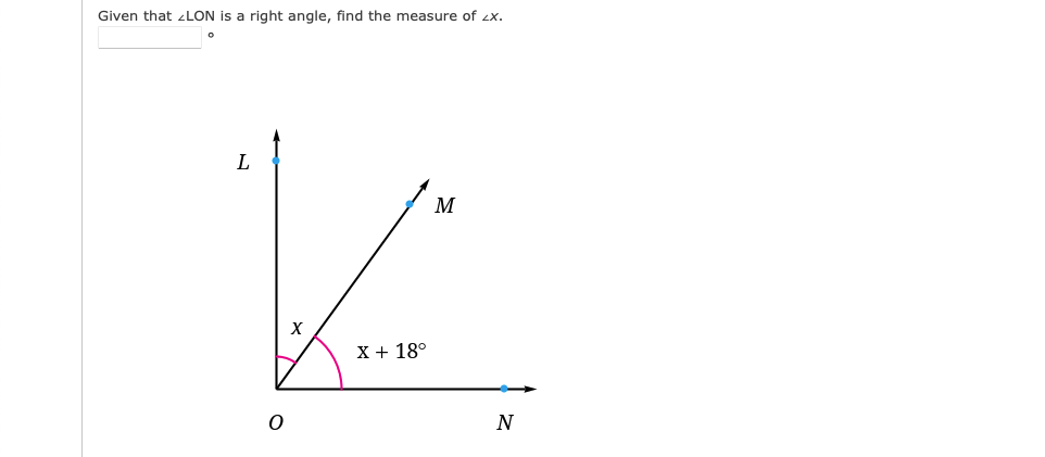 Given that 2LON is a right angle, find the measure of 2x.
L
M
х+ 18°
N
