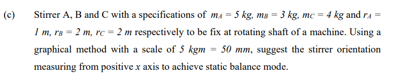 Stirrer A, B and C with a specifications of m = 5 kg, m³ = 3 kg, mc = 4 kg and r =
1 m, rв = 2 m, rc = 2 m respectively to be fix at rotating shaft of a machine. Using a
graphical method with a scale of 5 kgm = 50 mm, suggest the stirrer orientation
measuring from positive x axis to achieve static balance mode.