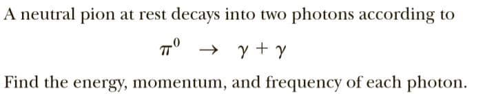 A neutral pion at rest decays into two photons according to
Find the energy, momentum, and frequency of each photon.
