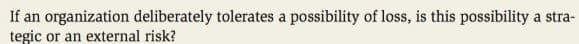 If an organization deliberately tolerates a possibility of loss, is this possibility a stra-
tegic or an external risk?
