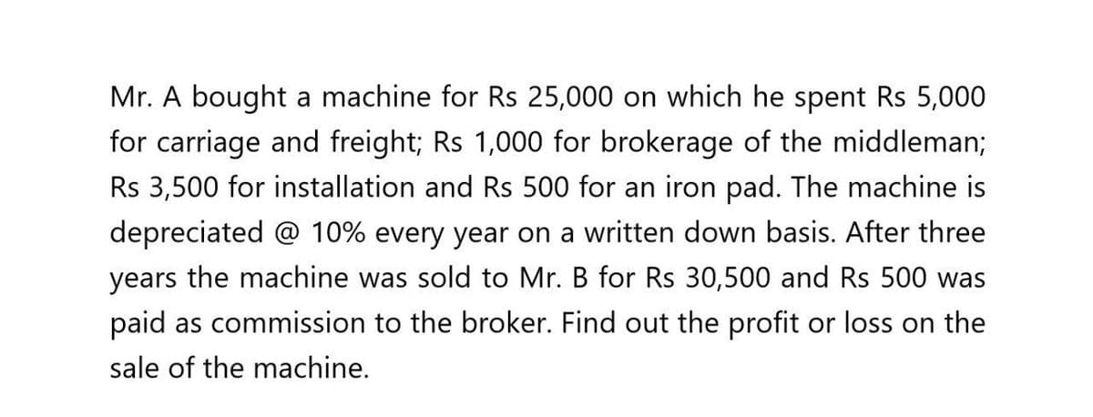 Mr. A bought a machine for Rs 25,000 on which he spent Rs 5,000
for carriage and freight; Rs 1,000 for brokerage of the middleman;
Rs 3,500 for installation and Rs 500 for an iron pad. The machine is
depreciated @ 10% every year on a written down basis. After three
years the machine was sold to Mr. B for Rs 30,500 and Rs 500 was
paid as commission to the broker. Find out the profit or loss on the
sale of the machine.