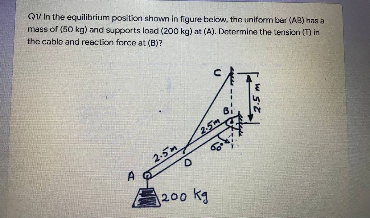 Q1/ In the equilibrium position shown in figure below, the uniform bar (AB) has a
mass of (50 kg) and supports load (200 kg) at (A). Determine the tension (T) in
the cable and reaction force at (B)?
Bi
2.5m
2.5m
A
200 Kg
2.5 m
