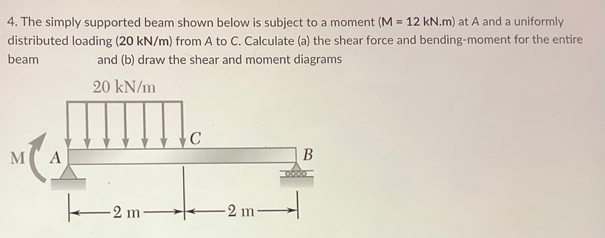 4. The simply supported beam shown below is subject to a moment (M = 12 kN.m) at A and a uniformly
distributed loading (20 kN/m) from A to C. Calculate (a) the shear force and bending-moment for the entire
beam
and (b) draw the shear and moment diagrams
20 kN/m
C
В
M
A
2 m
-2 m
