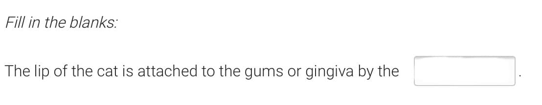 Fill in the blanks:
The lip of the cat is attached to the gums or
gingiva by the
