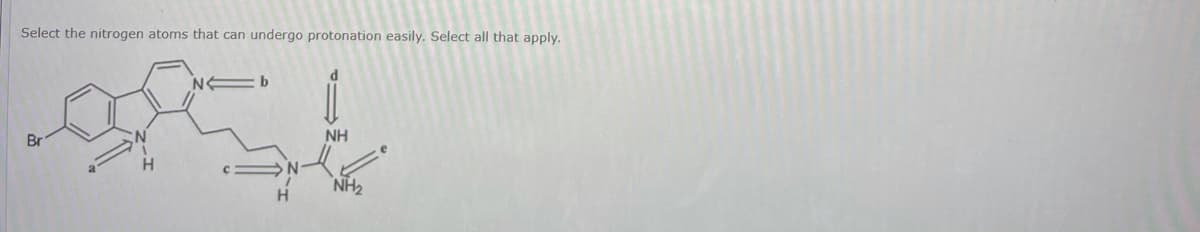 Select the nitrogen atoms that can undergo protonation easily. Select all that apply.
Br
NH
NH2
H.
