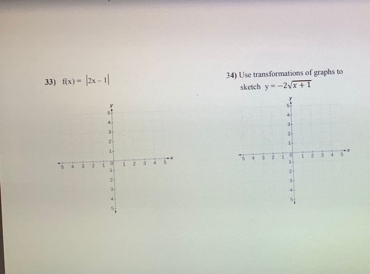 33) f(x)= |2x - 1|
34) Use transformations of graphs to
sketch y = -2Vx + 1
3-
3
2.
2
1-
5 4 3
1.
1-
0.
3
2.
1.
2.
1
1-
2.
21
3-
3.
3.
2
