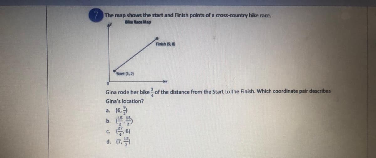 The map shows the start and Finish points of a cross-country bike race.
Bilke Race Map
Finish (9, 8)
Start (1, 2)
Gina rode her bike of the distance from the Start to the Finish. Which coordinate pair describes
Gina's location?
(6,
b.
c. 6)
d. (7.
a.
