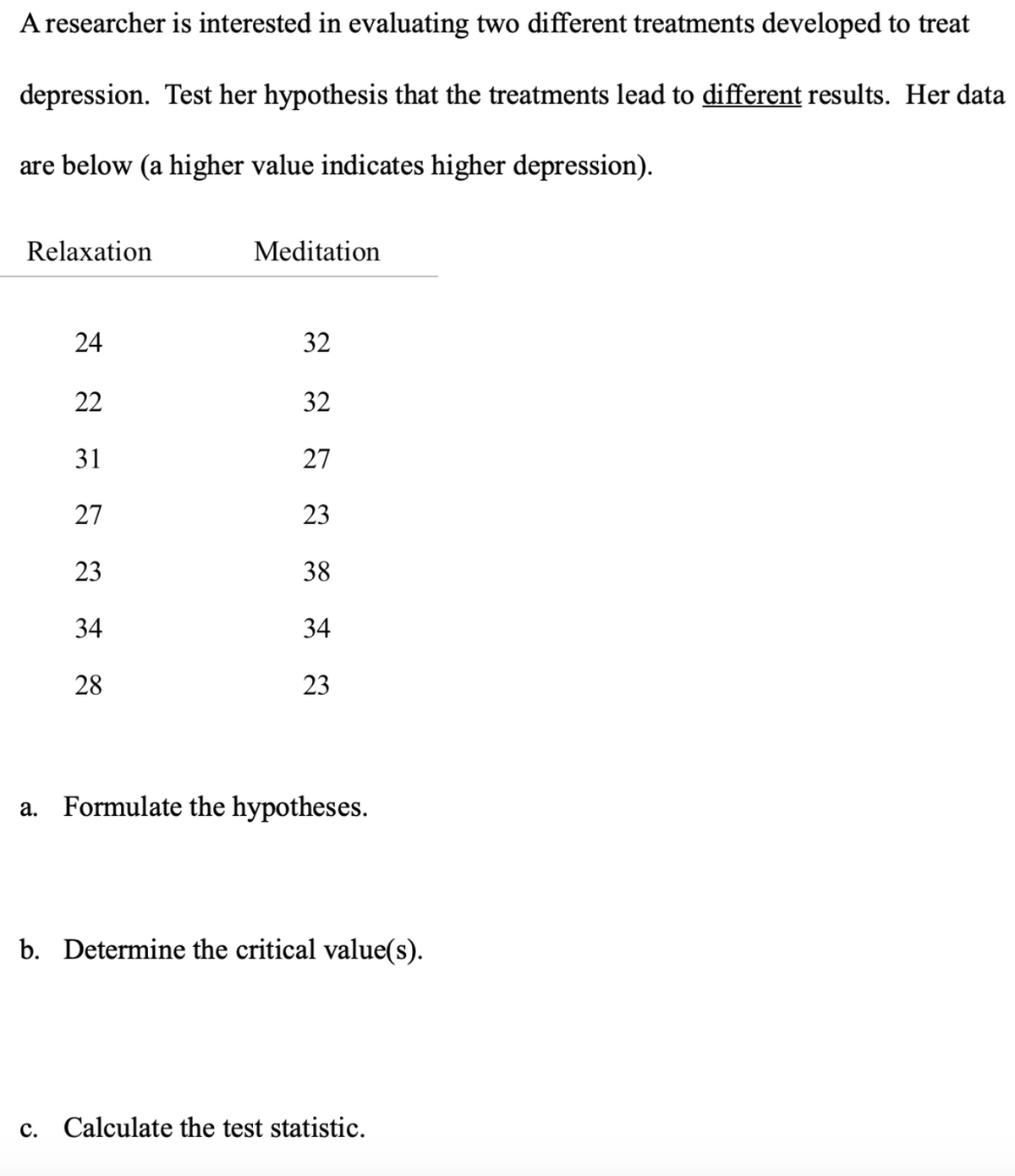 A researcher is interested in evaluating two different treatments developed to treat
depression. Test her hypothesis that the treatments lead to different results. Her data
are below (a higher value indicates higher depression).
Relaxation
Meditation
24
32
22
32
31
27
27
23
23
38
34
34
28
23
a. Formulate the hypotheses.
b. Determine the critical value(s).
c. Calculate the test statistic.
