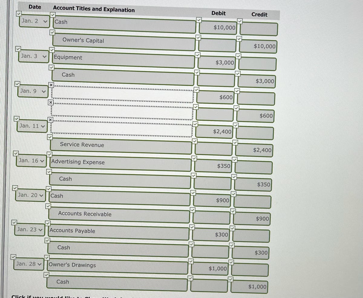 Date
Account Titles and Explanation
Debit
Credit
Jan. 2 v
Cash
$10,000
Owner's Capital
$10,000
Jan. 3 v
Equipment
$3,000
Cash
$3,000
Jan. 9 v
$600
$600
Jan. 11 v
$2,400
Service Revenue
$2,400
Jan. 16 v||Advertising Expense
$350
Cash
$350
Jan. 20 v
Cash
$900
Accounts Receivable
$900
Jan. 23 v
Accounts Payable
$300
Cash
$300
Jan. 28 v
Owner's Drawings
$1,000
Cash
$1,000
Click if vou Heul
