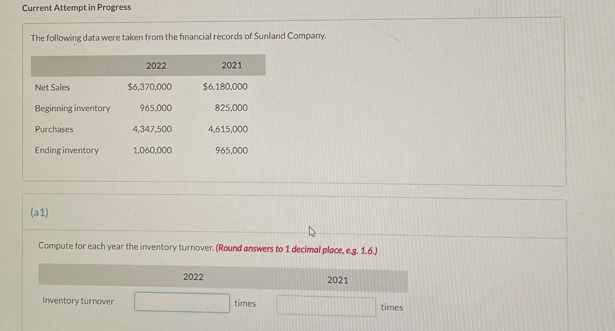 Current Attempt in Progress
The following data were taken from the financial records of Sunland Company.
2022
2021
Net Sales
$6,370,000
$6,180,000
Beginning inventory
965,000
825,000
Purchases
4,347,500
4,615,000
Ending inventory
1,060,000
965,000
(a1)
Compute for each year the inventory turnover. (Round answers to 1 decimal place, e.g. 1.6.)
2022
2021
Inventory turnover
times
times
