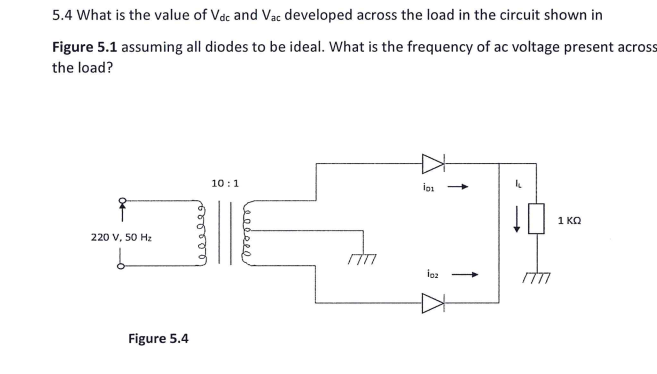 5.4 What is the value of Vdc and Vac developed across the load in the circuit shown in
Figure 5.1 assuming all diodes to be ideal. What is the frequency of ac voltage present across
the load?
10:1
1 KO
220 V, 50 Hz
Figure 5.4
