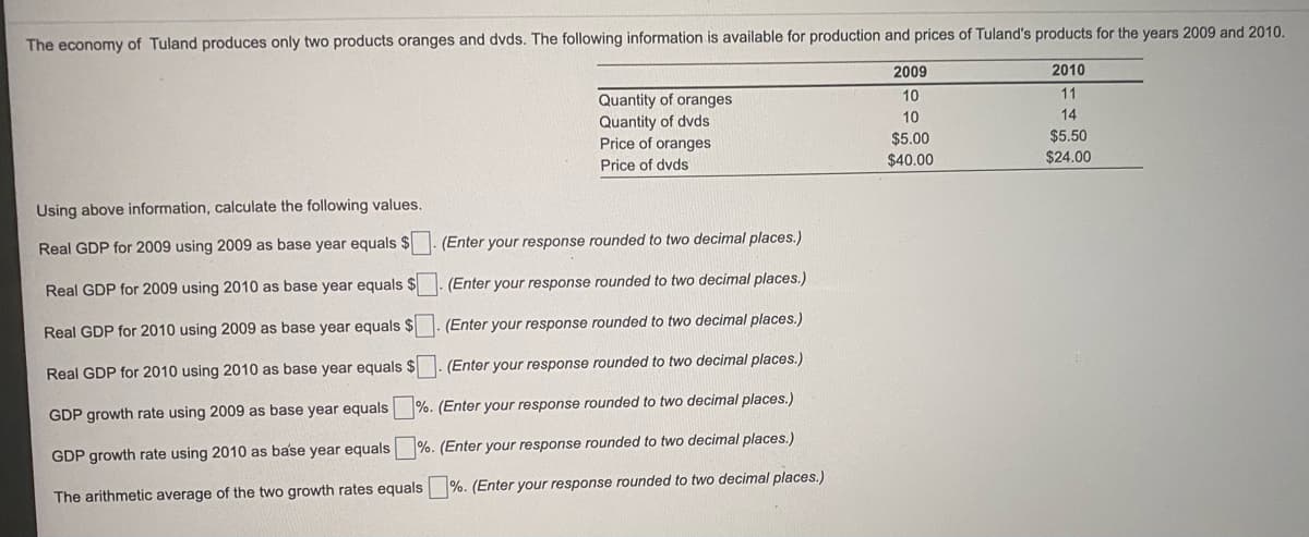 The economy of Tuland produces only two products oranges and dvds. The following information is available for production and prices of Tuland's products for the years 2009 and 2010.
2009
2010
10
11
Quantity of oranges
Quantity of dvds
Price of oranges
10
14
$5.50
$5.00
$40.00
$24.00
Price of dvds
Using above information, calculate the following values.
Real GDP for 2009 using 2009 as base year equals $
(Enter your response rounded to two decimal places.)
Real GDP for 2009 using 2010 as base year equals $
(Enter your response rounded to two decimal places.)
Real GDP for 2010 using 2009 as base year equals $
(Enter your response rounded to two decimal places.)
Real GDP for 2010 using 2010 as base year equals $
(Enter your response rounded to two decimal places.)
%. (Enter your response rounded to two decimal places.)
GDP growth rate using 2009 as base year equals
GDP growth rate using 2010 as base year equals %. (Enter your response rounded to two decimal places.)
The arithmetic average of the two growth rates equals %. (Enter your response rounded to two decimal places.)
