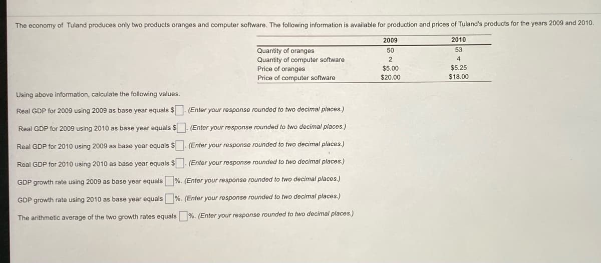 The economy of Tuland produces only two products oranges and computer software. The following information is available for production and prices of Tuland's products for the years 2009 and 2010.
2009
2010
53
Quantity of oranges
Quantity of computer software
Price of oranges
50
2
4
$5.00
$5.25
Price of computer software
$20.00
$18.00
Using above information, calculate the following values.
Real GDP for 2009 using 2009 as base year equals $
(Enter your response rounded to two decimal places.)
Real GDP for 2009 using 2010 as base year equals $
(Enter your response rounded to two decimal places.)
Real GDP for 2010 using 2009 as base year equals $
(Enter your response rounded to two decimal places.)
Real GDP for 2010 using 2010 as base year equals $
(Enter your response rounded to two decimal places.)
GDP growth rate using 2009 as base year equals %. (Enter your response rounded to two decimal places.)
GDP growth rate using 2010 as base year equals %. (Enter your response rounded to two decimal places.)
The arithmetic average of the two growth rates equals %. (Enter your response rounded to two decimal places.)
